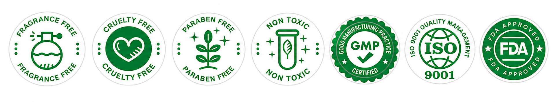 Our Promise — Fragrance Free, Cruelty Free, Paraben Free, Non Toxic, GMP Certified, ISO 9001, FDA Approved